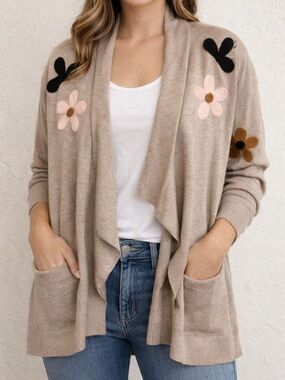 Floral Appliqué Cardigan XL Boho Cottagecore Open Front Lightweight Neutral